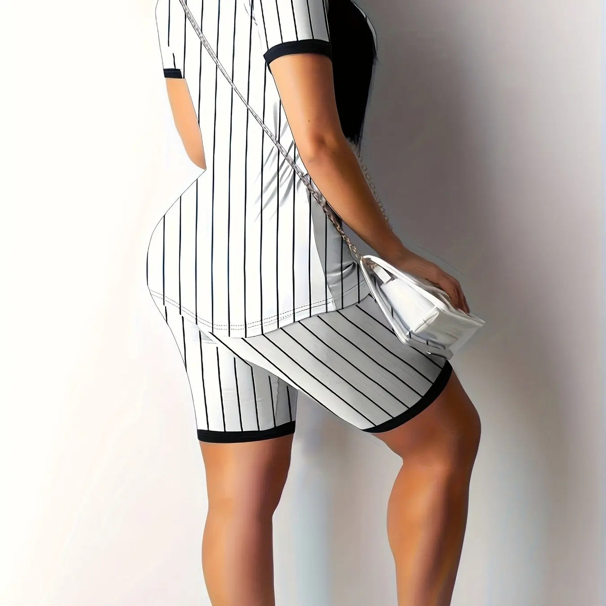 Women's Casual Stripe Print V Neck Two-Piece Set, Baseball Style Fitted Regular Length Tops & Shorts Set, Medium-Weight Fabric, Stretchy Summer Outfit