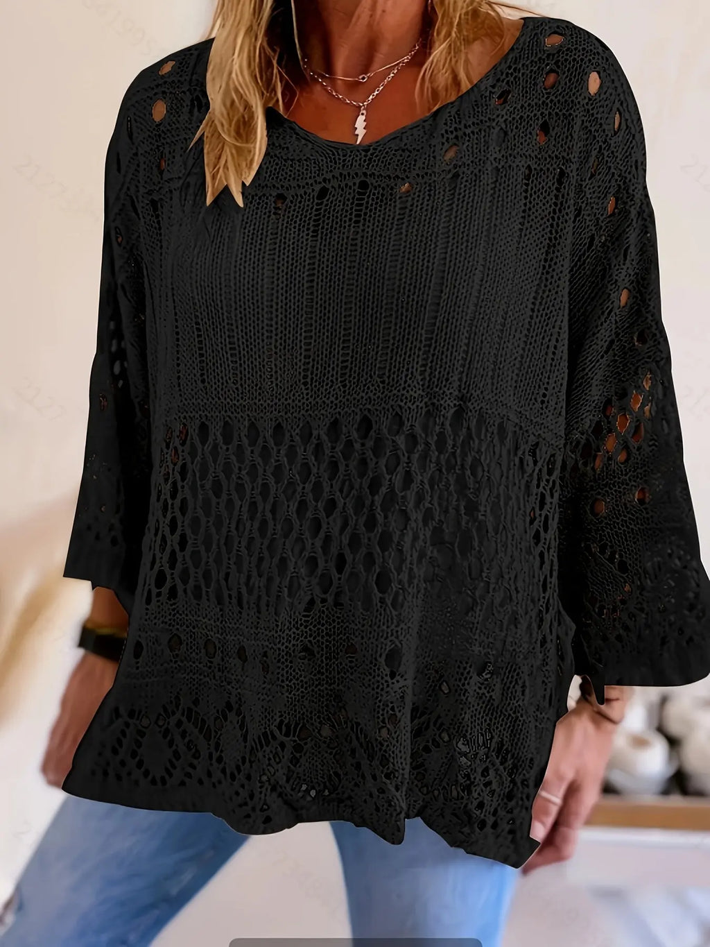 Plus Size Women's Summer Hollow Out Round Neck Knit Top, Oversized, Casual Elegant Vacation Style, Loose Oversize Batwing Shoulder, Spring Summer Wear, Sweater Knitwear