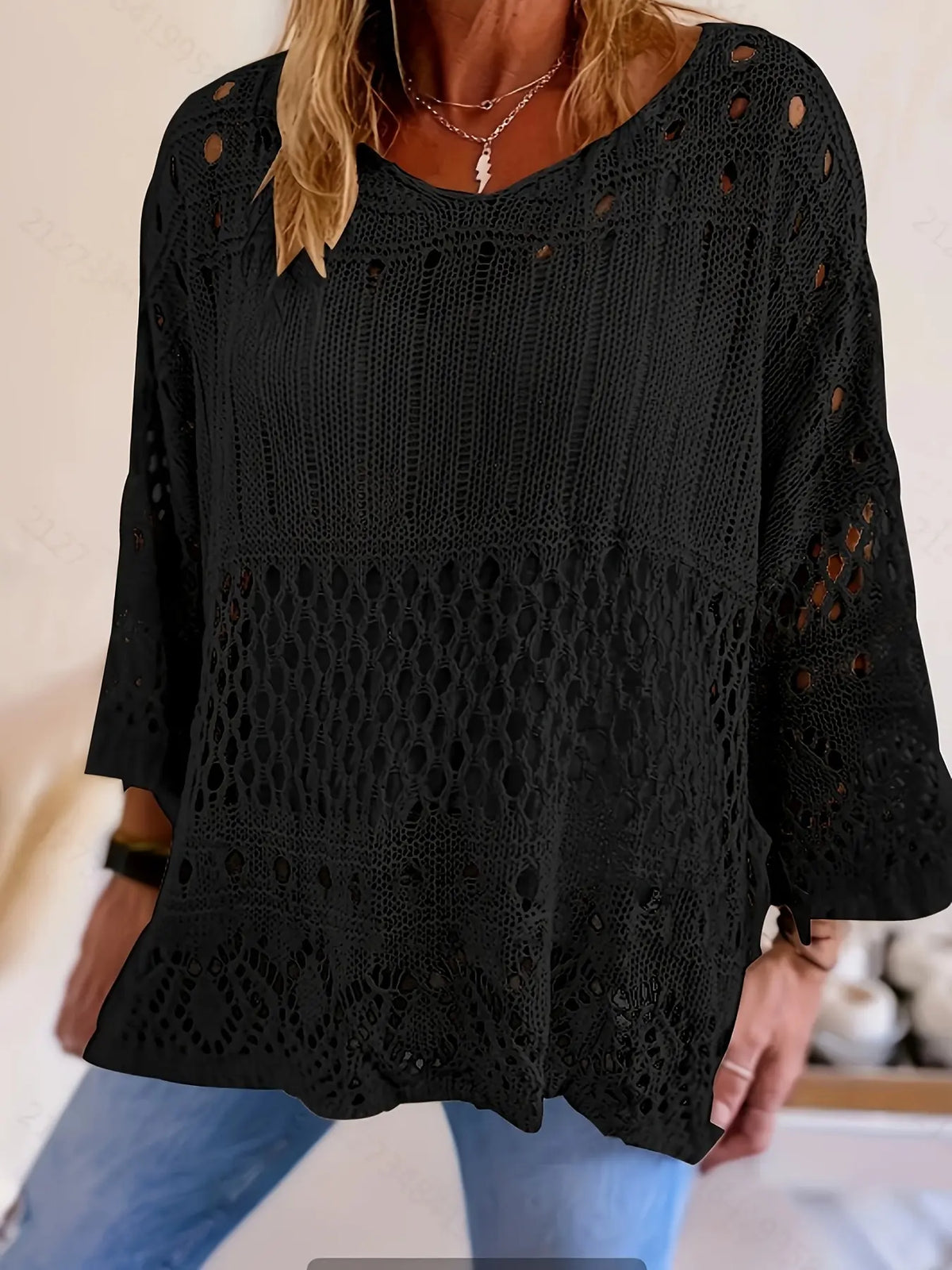 Plus Size Women's Summer Hollow Out Round Neck Knit Top, Oversized, Casual Elegant Vacation Style, Loose Oversize Batwing Shoulder, Spring Summer Wear, Sweater Knitwear