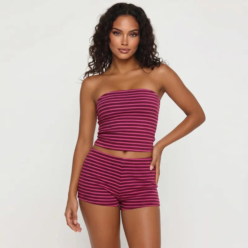 Katch Me Chic(US/CN)Women's Casual Color Matching Stripe Slim Tube Top & Low-Rise Wide Leg Trousers Co-ord, Lightweight Wrinkle-Resistant Spring & Summer Outfits, Skin-Friendly Two Piece Sets #TikTokMadeMeBuyIt #TwoPieceSet #SummerEssentials Cropped Soft