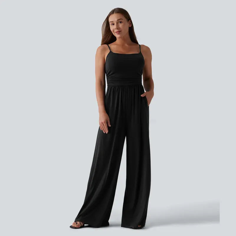 Halara Adjustable Straps Ruched Wide Leg Heathered Casual Jumpsuit with Pockets-Easy Peezy