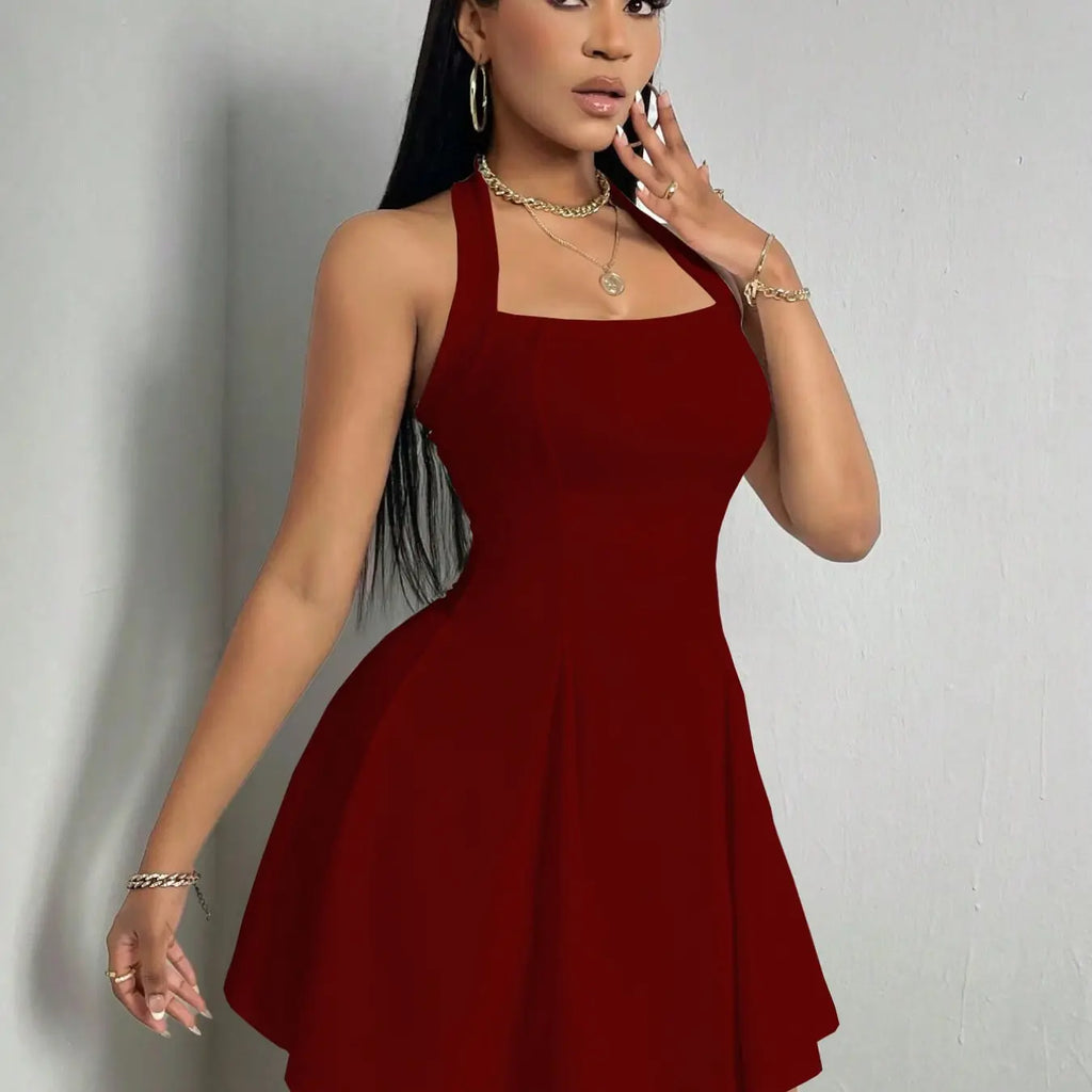 Women's Solid Color Sleeveless Halter Dress, Womenswear, Sexy Fashion Casual Short Dress for Party Evening Club Dating Wear, Ladies Dress for Summer Club Dresses