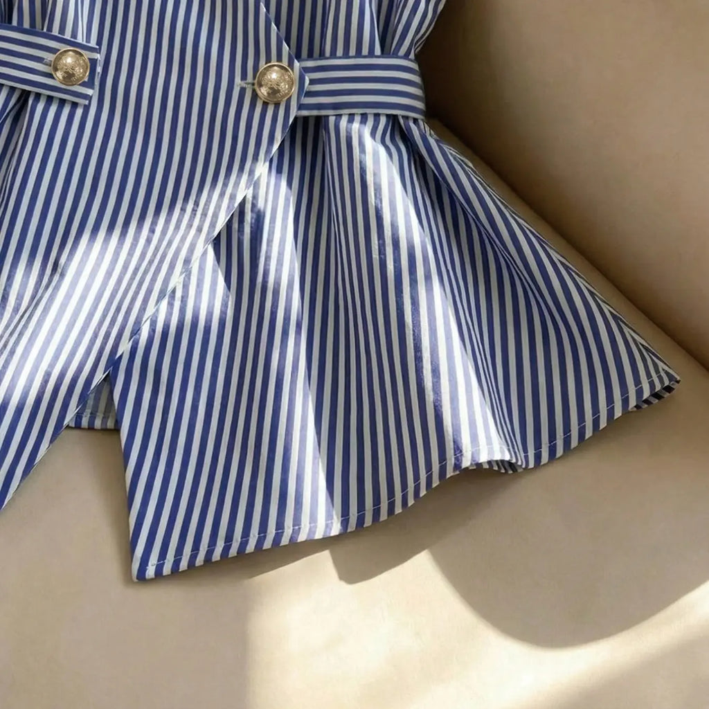 Women's Spaghetti Strap V Neck Tie Waist Top & High Waist Wide-Leg Shorts 2 Piece Set, Blue & White Striped Print Matching Outfit, Casual Co-ord Set for Beach, Vacation, Date Night & Daily Wear, Trendy Aesthetic Summer Wear Lightweight Ladies Clothes