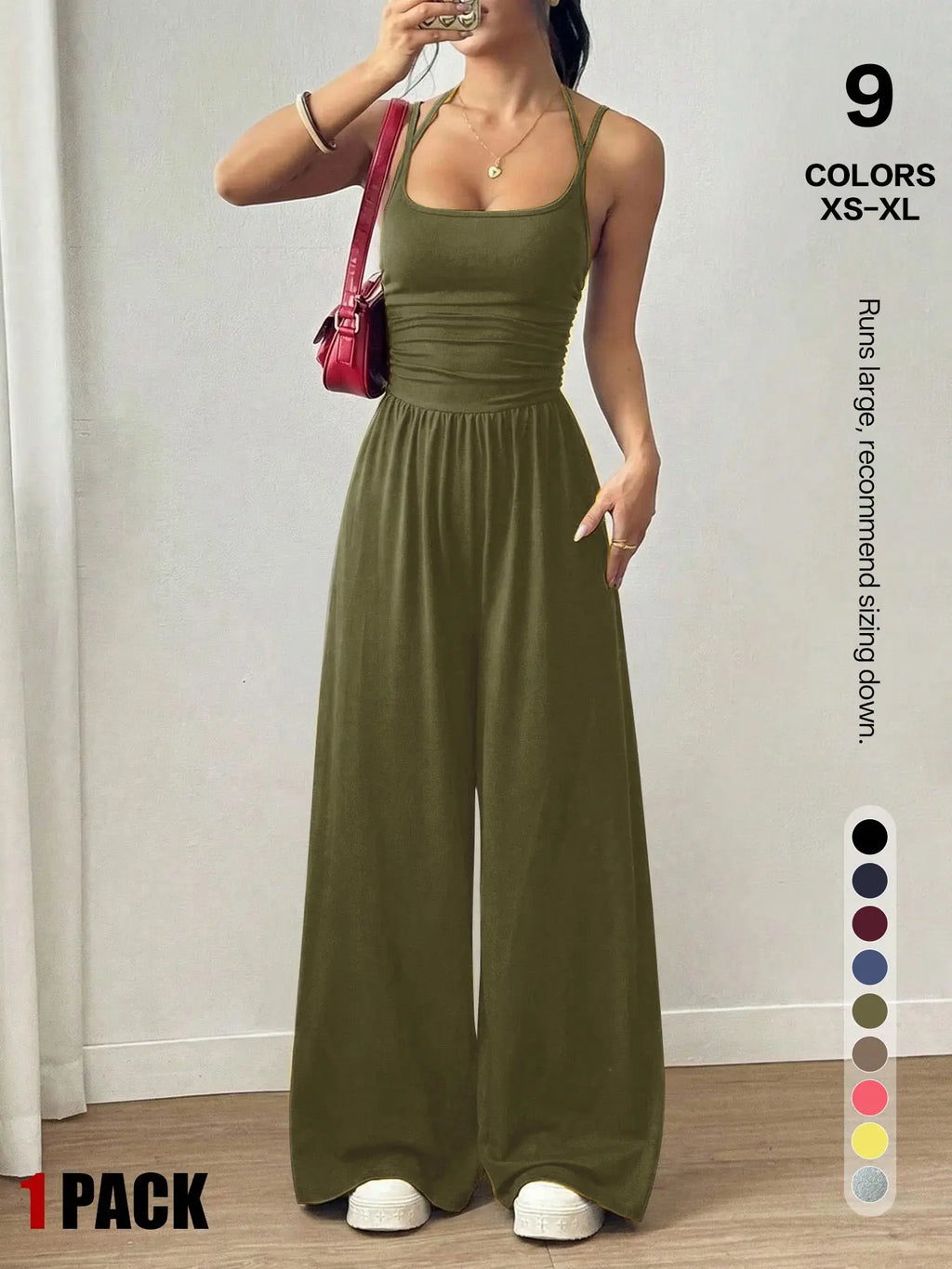 Women's Backless Jumpsuit, Basic Spaghetti Strap Smocked Bodice One Piece Romper, Sleeveless Wide Leg Casual Outfit, No Pockets, All Seasons Vacation Wear