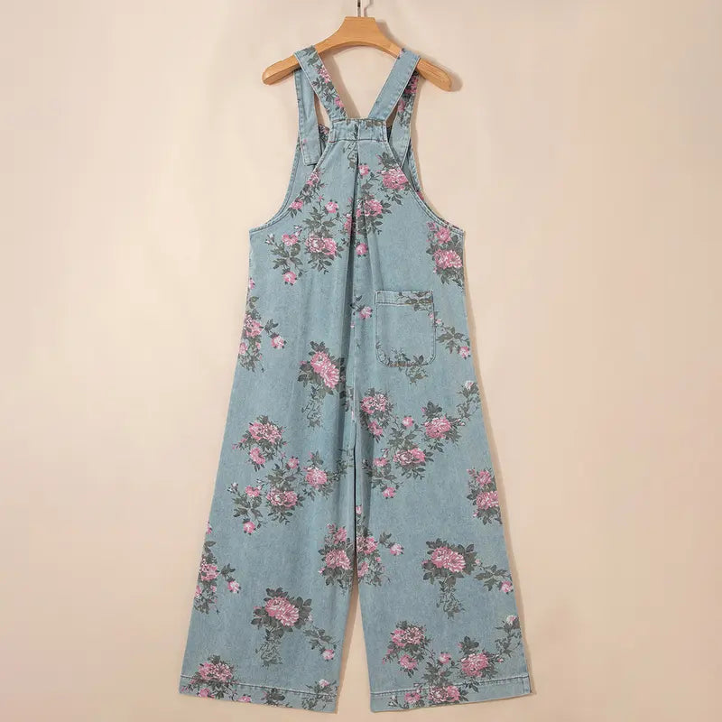 Mntaor Women's Trendy High Waist Wide Leg Denim Jumpsuit Beau Blue Floral Print Pleated Detail Comfortable Stretch Instant Outfit for Vacations Date Nights Work From Home Womenswear Overalls