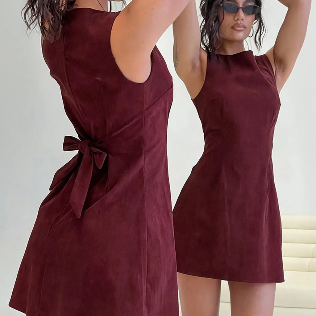 Women's Elegant Feminine Minimalist Solid Sleeveless A-Line Mini Dress Womenswear with Back Tie, Slim Fit for Daily Wear, Casual Outings, and Party Occasions