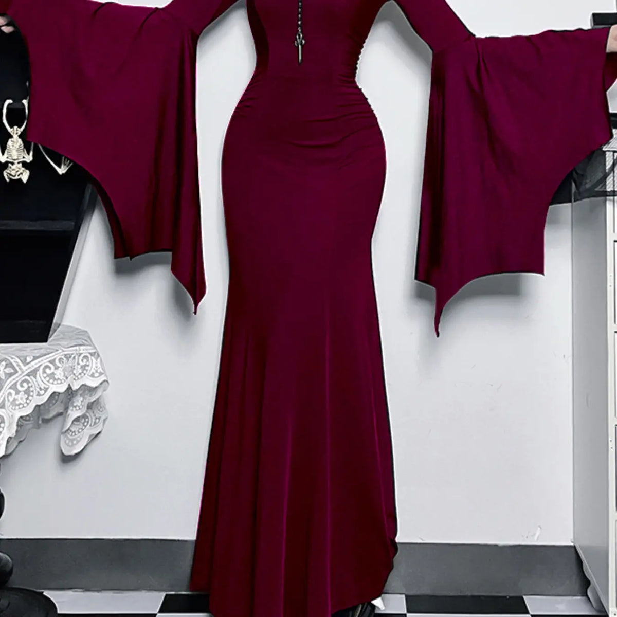Women's Solid Color Ruched Mermaid Maxi Bodycon Fitted Dress, Chic Elegant Formal Sweetheart Neck Batwing Long Sleeve Evening Party Gown, Fall & Winter Clothes, Womenswear