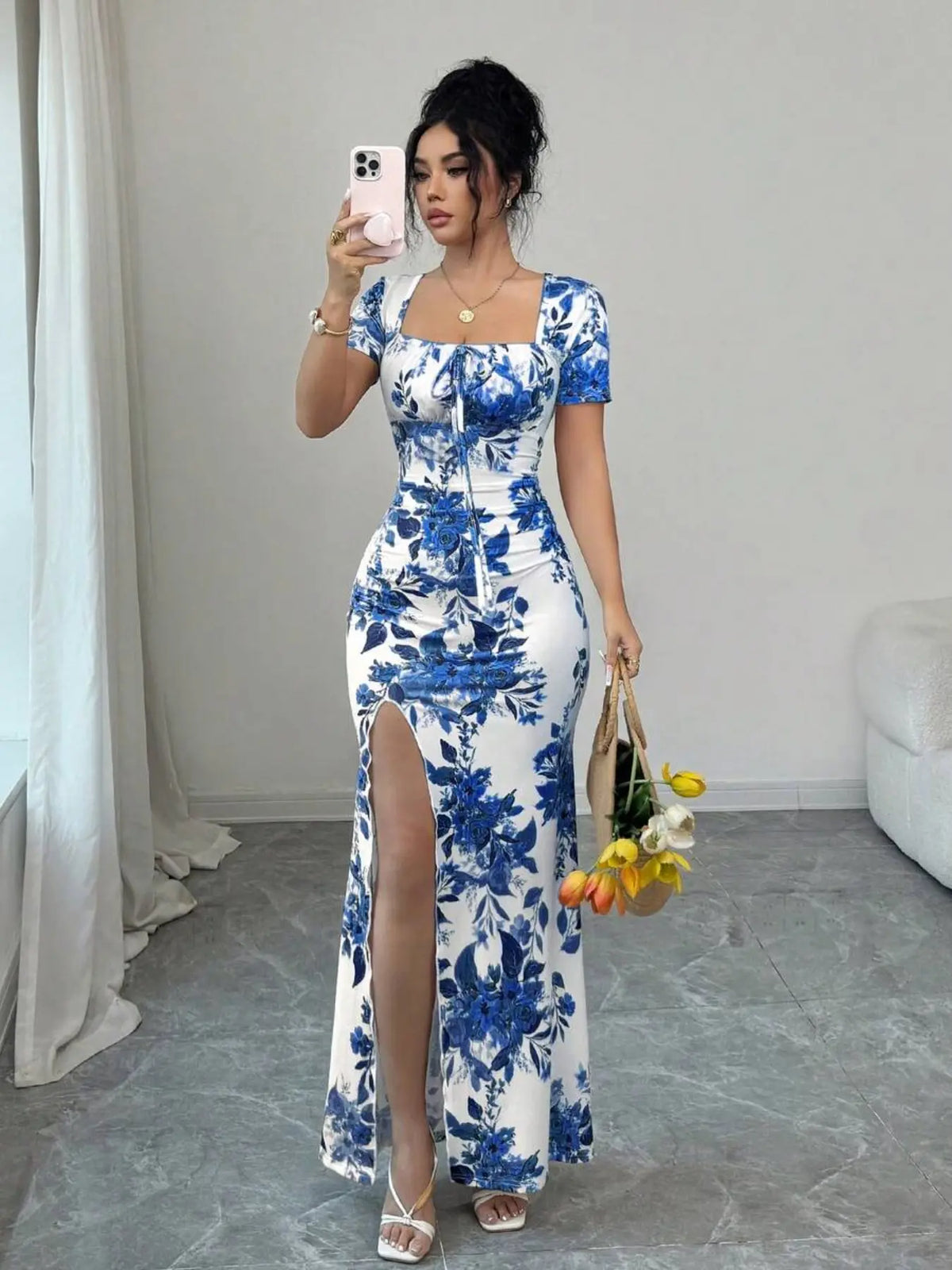 Women's Summer Split Hem Short Sleeve Long Formal Dress, Elegant Waist Cinch Dress for Vacation, Beach & Holiday, Floral Print Evening Gown, Dress Up Gown, Printed Dress