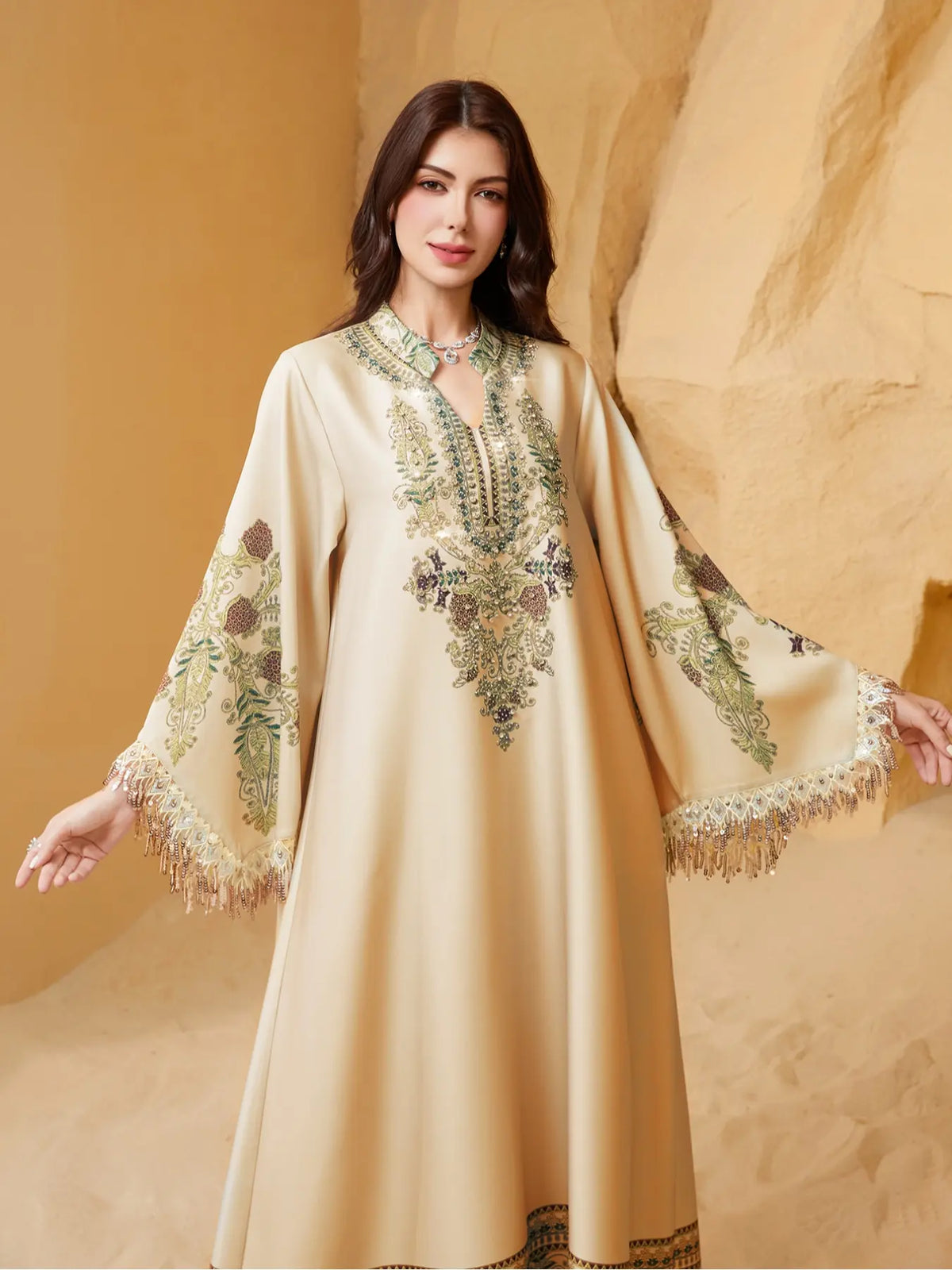 Women's Elegant Long Dress, Chic Elegant Formal, Loose Fit Ethnic Print, Long Sleeve, Lace-Up Design, All-Season Wear, Perfect for Evening Occasions & Special Events, Dresses for Party