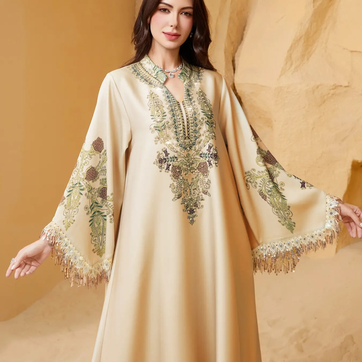 Women's Elegant Long Dress, Chic Elegant Formal, Loose Fit Ethnic Print, Long Sleeve, Lace-Up Design, All-Season Wear, Perfect for Evening Occasions & Special Events, Dresses for Party