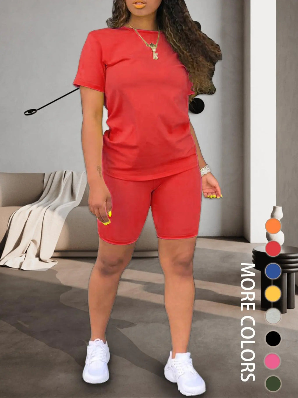 Two-piece Women's Fitted Plain Basic Round Neck Tee & Skinny Shorts Set, Minimalist, Casual Summer Clothes for Women, Short Sleeve Crew Neck T-shirt & Shorts, Summer Outfit for Outdoor, Matching Clothing Set, Casual Beach Set, Fashion Clothes Set