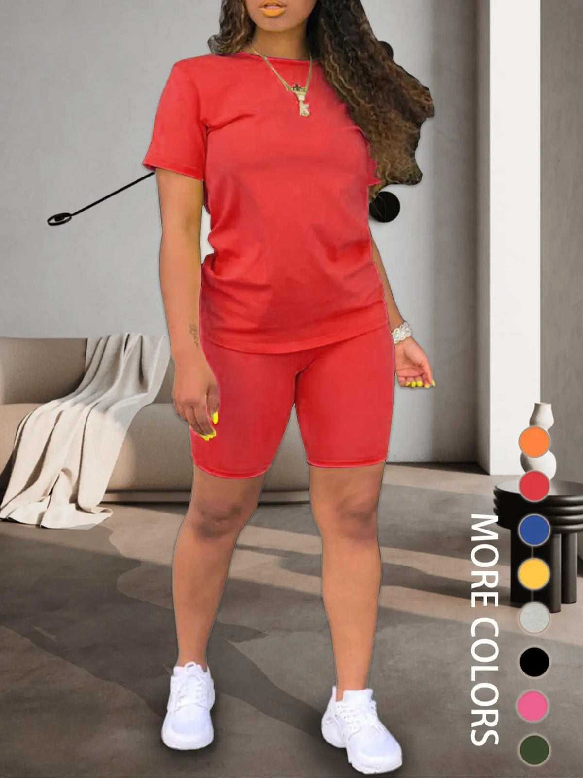 Two-piece Women's Fitted Plain Basic Round Neck Tee & Skinny Shorts Set, Minimalist, Casual Summer Clothes for Women, Short Sleeve Crew Neck T-shirt & Shorts, Summer Outfit for Outdoor, Matching Clothing Set, Casual Beach Set, Fashion Clothes Set