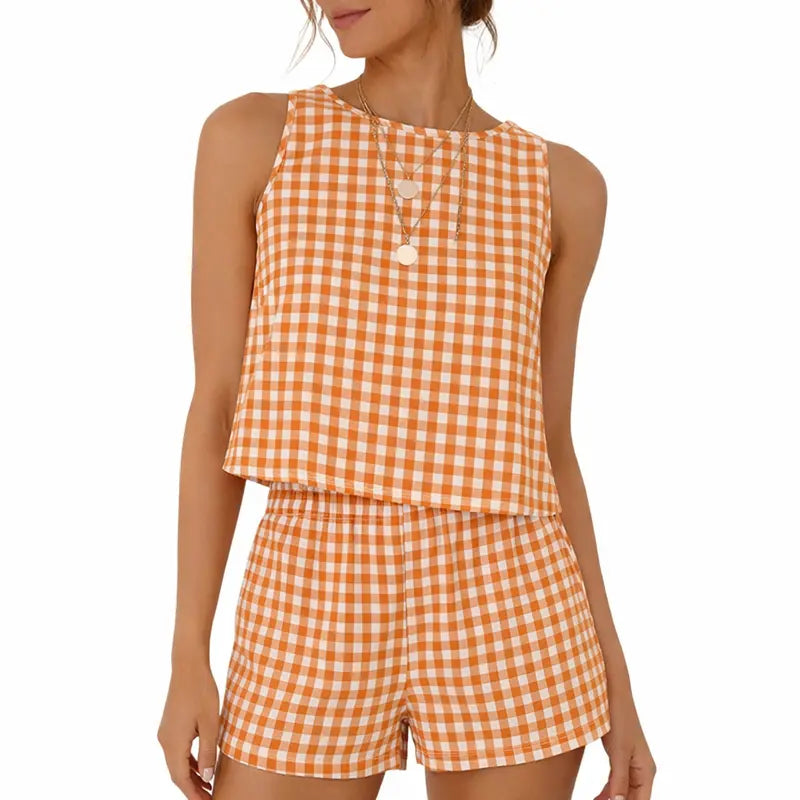 IDEALSANXUN Women's Cute 2-Piece Casual Knit Set - Ribbed Knit Gingham Tank Top with Button Accent, Matching Checkered Shorts, Cropped, Soft Lightweight Cotton, Elastic Waist, Summer Beach Outfit, Two Piece Sets