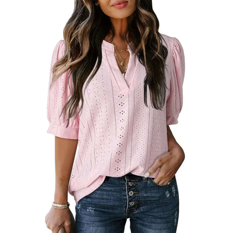 Dokotoo Women's Summer Business Casual Blouses V Neck Short Sleeve Shirts Hollow Out Cute Lace Tops Loose Fit Breathable Fabric