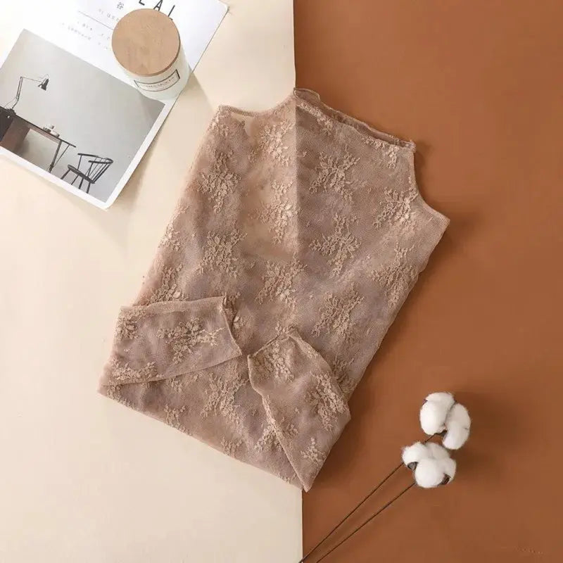 Women's 3-Pack Sheer Floral Embroidery Lace Long Sleeve Mock Neck Blouse Shirts (Black+White+Coffee) - Shirts for Women, Feminine Look, All Seasons Sports & Outdoor Camping Travel Essentials Tops