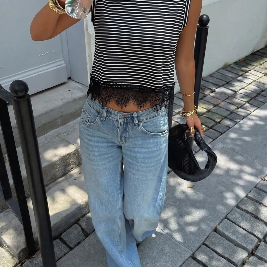 American-Style Striped Lace Sleeveless Top, Classic Retro Design, Casual Everyday Wear, Womenswear