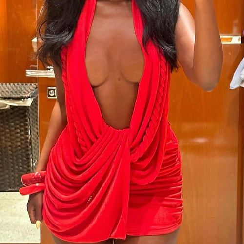 DOUCIU Women's Tight-Fitting Halter Neck Sleeveless Short Draped Chic Trendy Fitted Bodycon Dress Womenswear Casual Street Style Design Plain Color Minimalist Fashion Perfect for Night Out & Party Wear