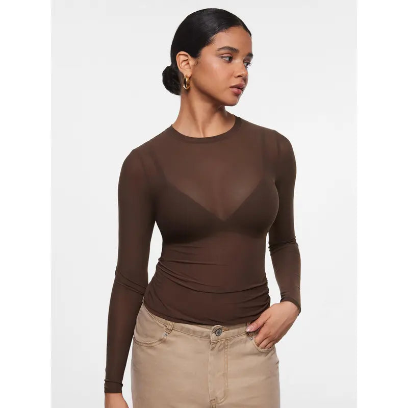 Cosnufy Mesh Sheer Long Sleeve Top Single Layer Crew Neck See Through