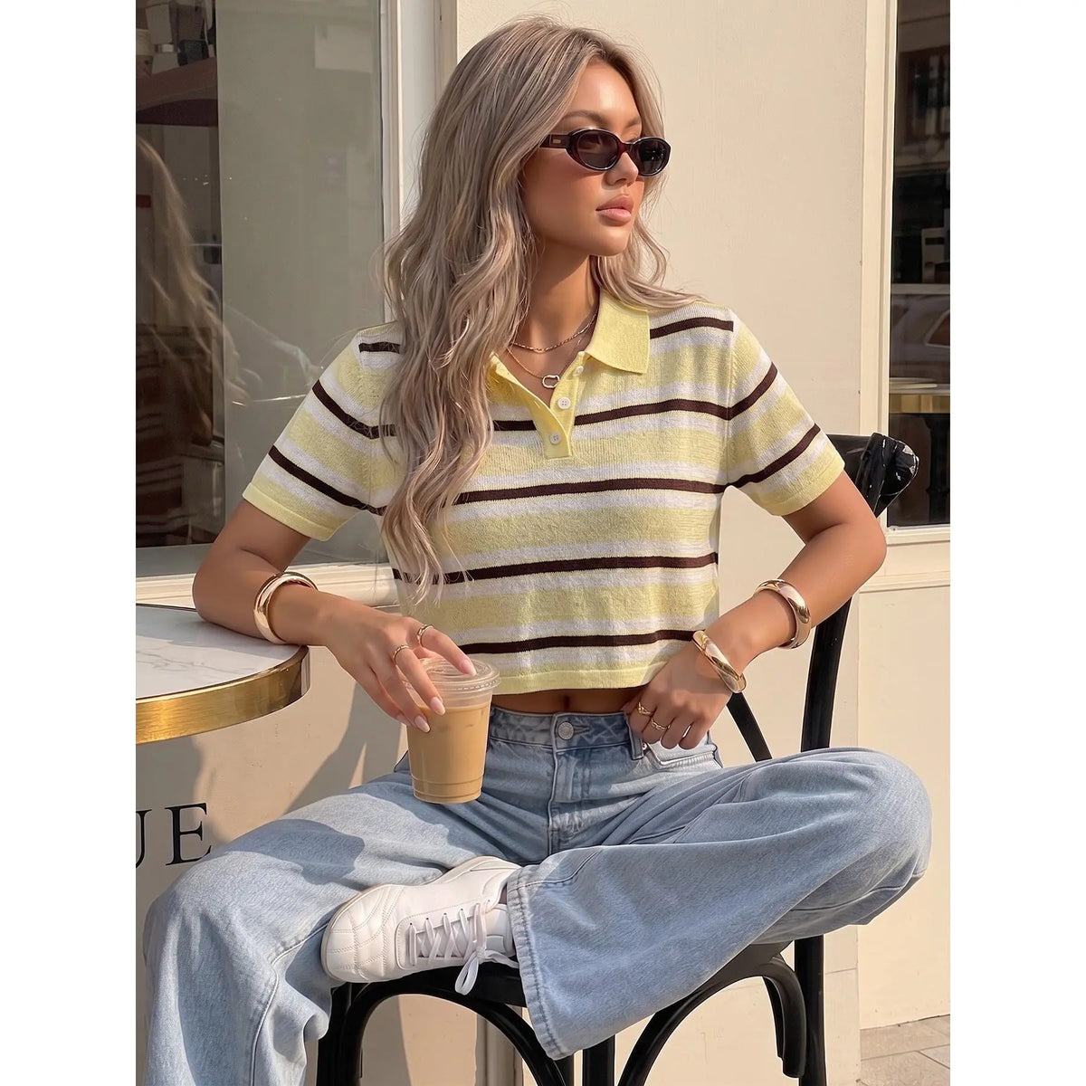 Elegant Women's Spring Summer Fashion Casual Home Office Commute Basic Simple Fitted Knit Striped Collar Button Half Open Short Sleeve Pullover Tops Collared Top