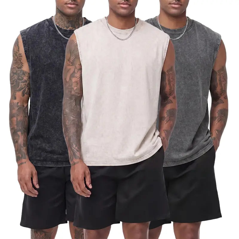 3-pack vintage textured pure cotton sleeveless T-shirts with a distressed wash; crew neck, wide shoulders; casual athletic base layer tank tops for sports, leisure, fitness, running, and basketball. Athleisure Tee Activewear T Shirts