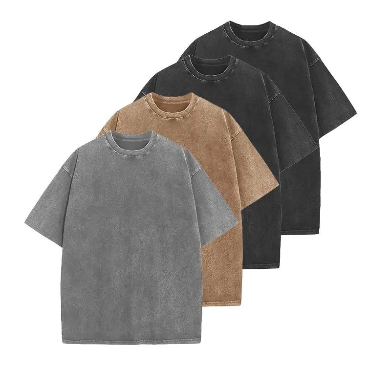 Men's 4-Pack Baggy Oversized Heavyweight Acid Wash Cotton Short-Sleeve Classic Crew Neck Tees - Loose-Fit, Breathable Cotton Keeps Workouts Cool, Built for Gym Street Lounge, Easy-Care Tops (Black, Coffee, Grey)