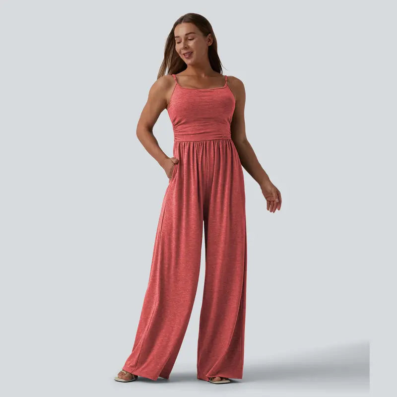 Halara Adjustable Straps Ruched Wide Leg Heathered Casual Jumpsuit with Pockets-Easy Peezy