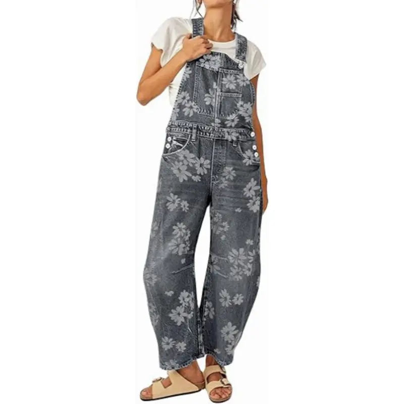 UTCOCO Women's Printed Floral Patchwork Vintage Denim Overalls - Baggy Barrel Leg, Boyfriend Style, Zipper Detail, Party-Ready Wide Leg Outwear Piece