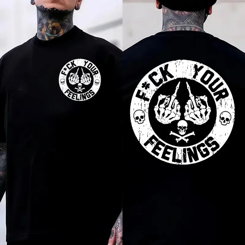 Men's "F*ck Your Feelings" Skull Graphic T-Shirt, Short-Sleeve Round Neck Loose Menswear, Bold Statement Limited Edition Fashion Streetwear Casual Angel Tee tiktokshopspringglowup,summervibes Cotton Tops Black Crewneck Tropical