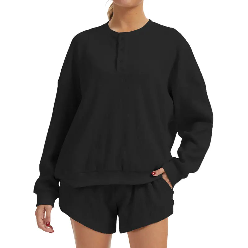 AnotherChill Women's Oversized Waffle Knit Lounge Set - Long Sleeve Henley Sweatshirt and High Waisted Shorts 2 Piece Casual Outfit Baggy Button #sohochic