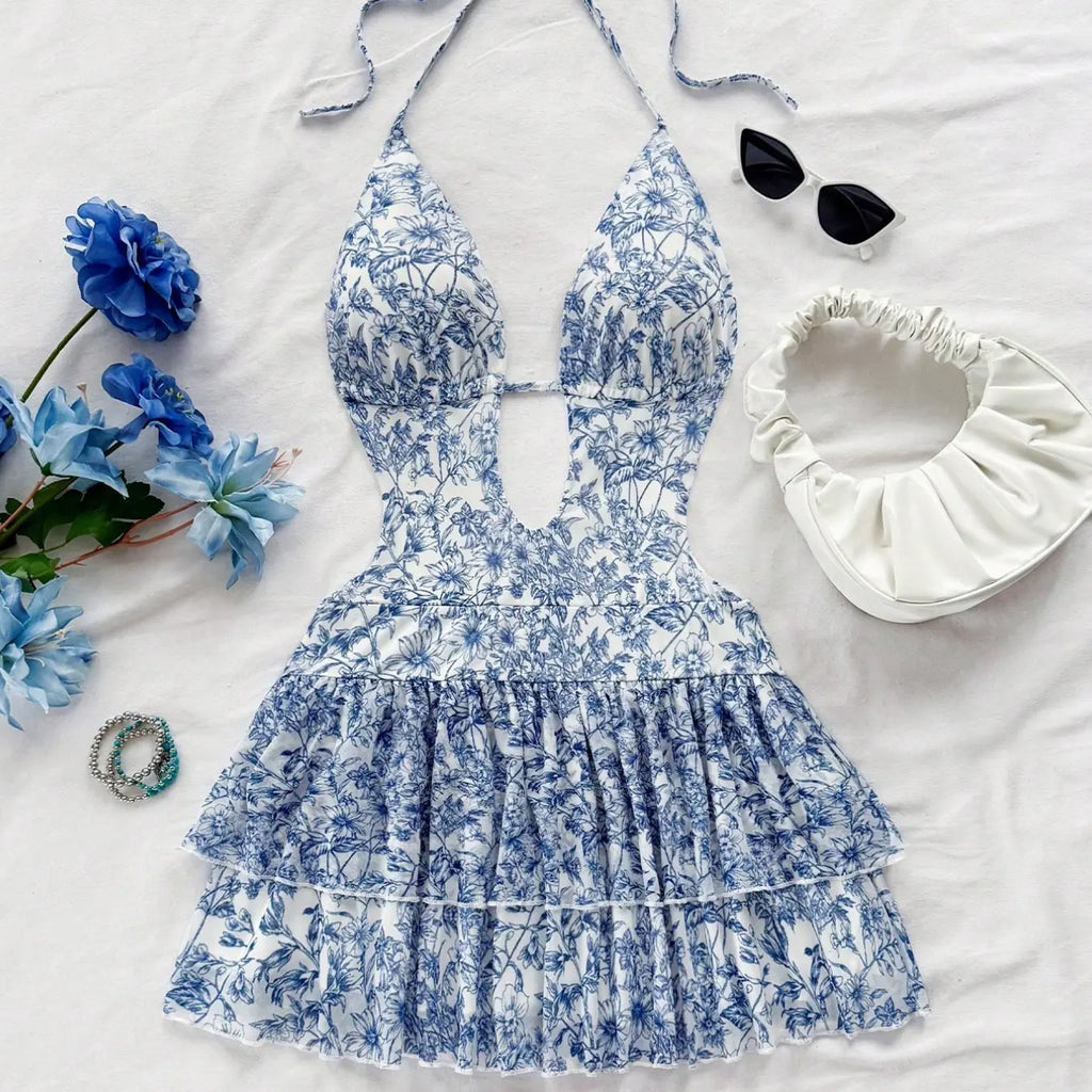 Sexy Backless Halter Statement Party Dress Aesthetic, Slim-Fitting Fitted Y2K Style, Women's Cross-Border Fashion, High-Waisted Belted Design, Perfect for Parties, Halter Sleeveless Dress