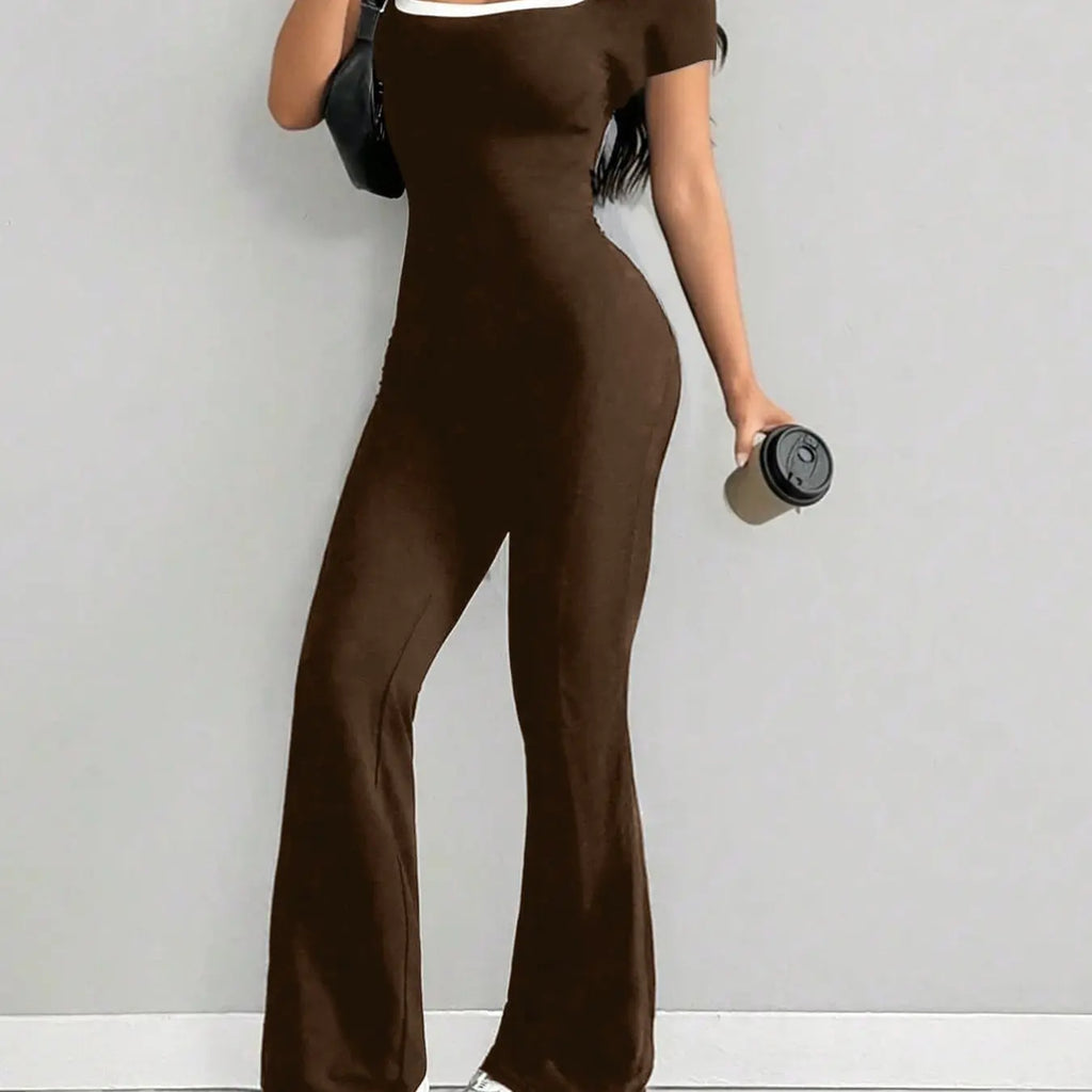 Casual Slim Fit Jumpsuit, Women's Colorblock Backless Flared Hem Design, Comfortable and Stylish One-Piece Clothing for Daily Wear, Backless Fitted Jumpsuit