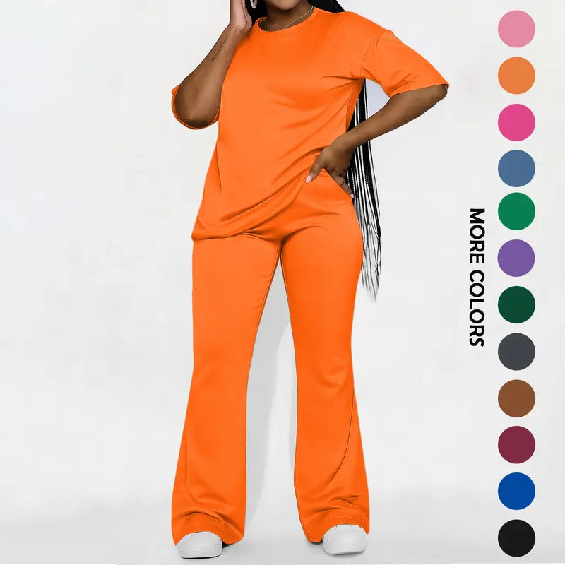 Women's Solid Drop Shoulder 2-Piece Set - Half Sleeve Crewneck (Round Neck) Fitted Minimalist Tee & Pants, Casual Cozy Womenswear for Daily Outdoor Fall Wear, Casual Women's Set Suits Basic Shortsleeve Clothes, Matching Sets, Stylish Women's Wear