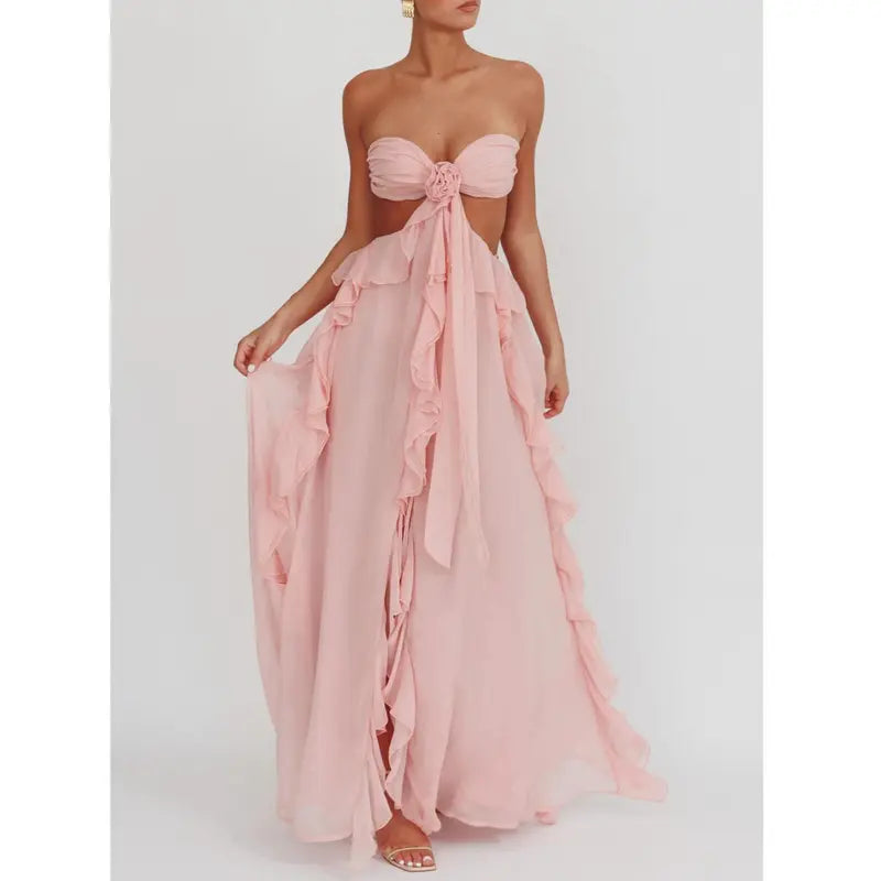 Women's Strapless Ruffle Maxi Dress, 3D Floral Cutout Waist Chiffon Gown with High Slit, Elegant Flowy Formal Dress for Wedding & Party