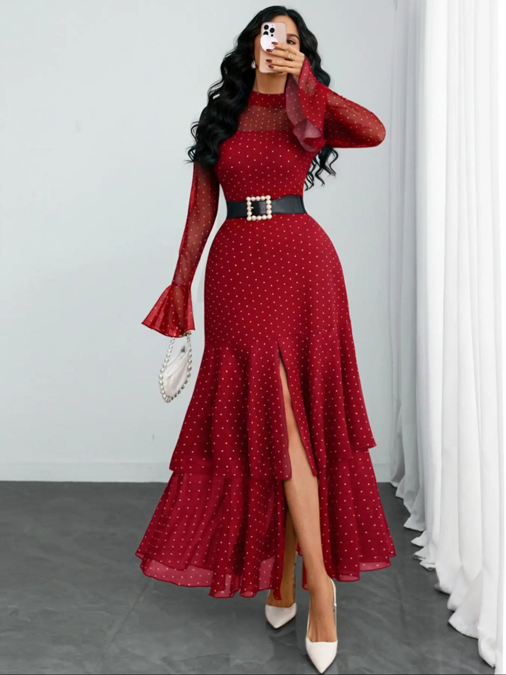 Women's Romantic Polka Dot Split Mesh Patchwork Layered Elegant Chic Formal Flared Skirt Dress, Long Sleeve, Fitted Style, Evening Formal Wear, All Seasons, No Waistband Included