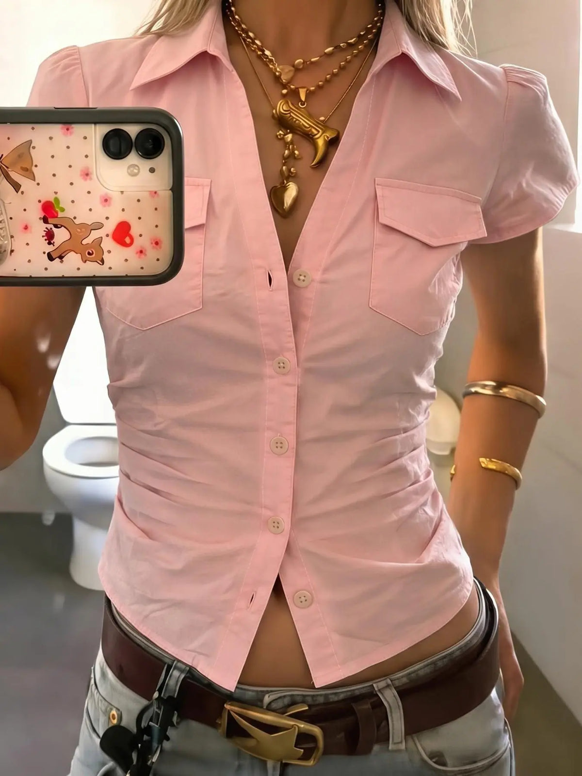 Versatile Blue & White Plaid Button-Down Shirt, Wrinkle Resistant Fitted Short Sleeve Shirt, Soft Stretch Cotton Top, 2026 Trending Preppy Style for Daily, Brunch, Campus and Street, Casual Sexy Outfit