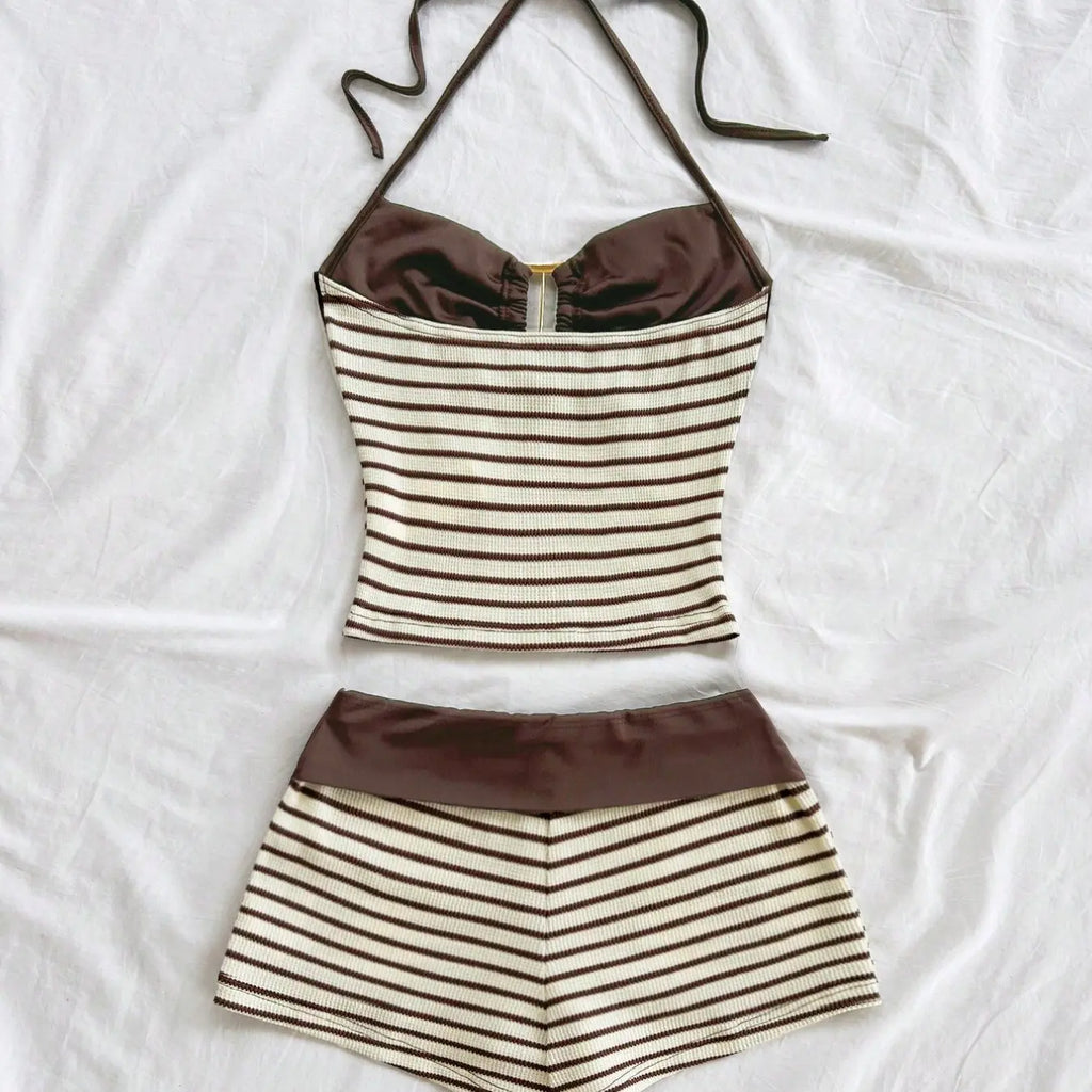 2026 Summer Women's New 2-Piece Set European Style High-Waisted Stripe Pleated Skirt, Slimming Halter Top with Metal Buckle, Chic and Versatile Outfit Set