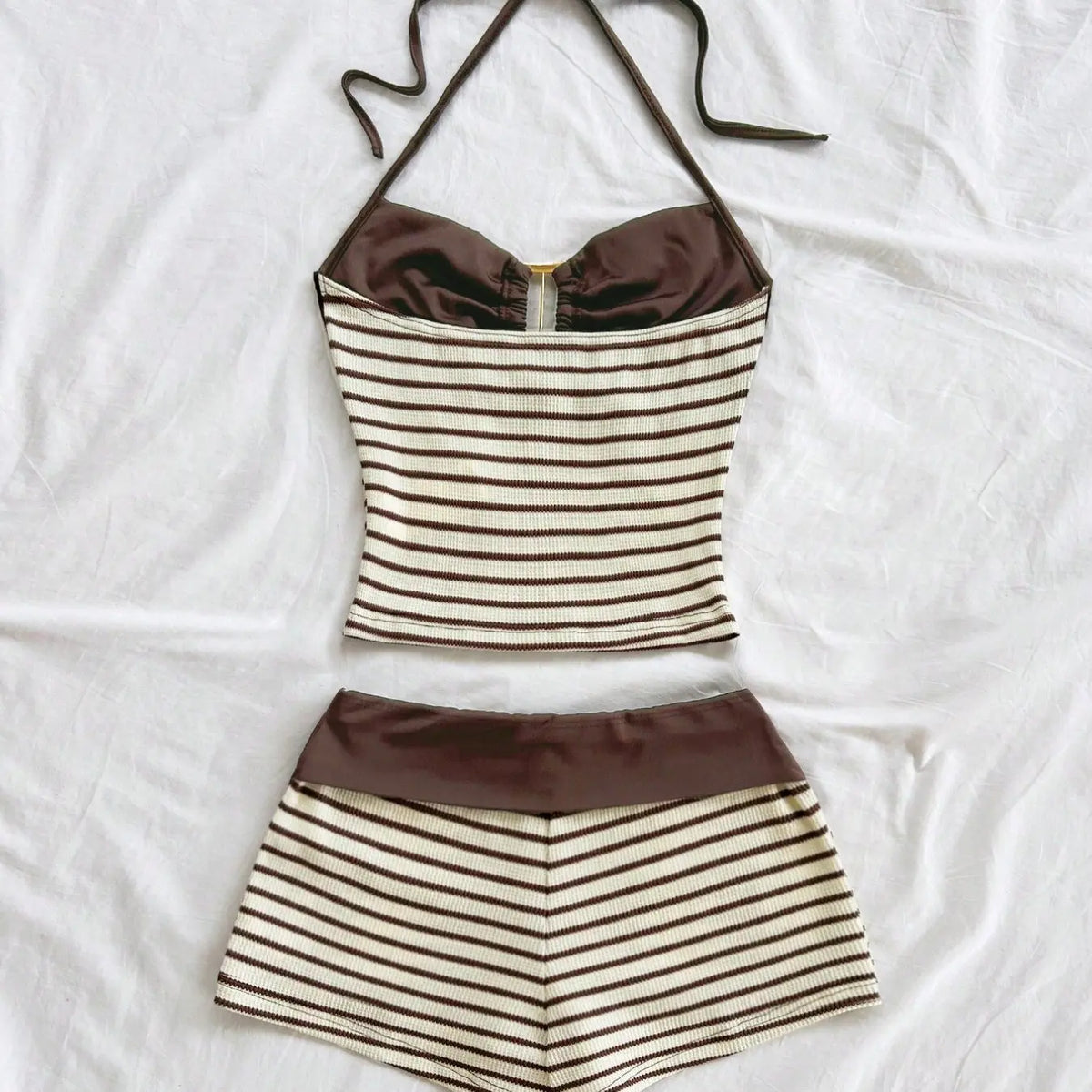 2026 Summer Women's New 2-Piece Set European Style High-Waisted Stripe Pleated Skirt, Slimming Halter Top with Metal Buckle, Chic and Versatile Outfit Set