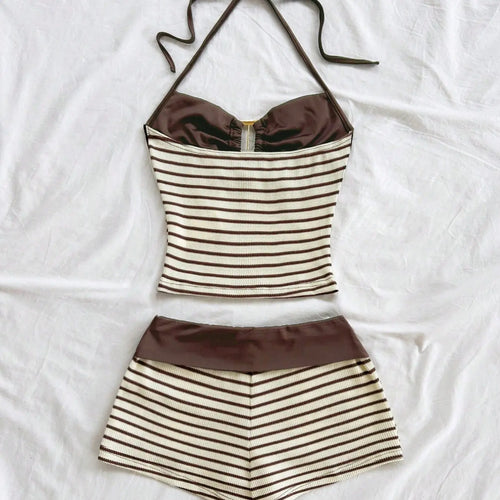 2026 Summer Women's New 2-Piece Set European Style High-Waisted Stripe Pleated Skirt, Slimming Halter Top with Metal Buckle, Chic and Versatile Outfit Set