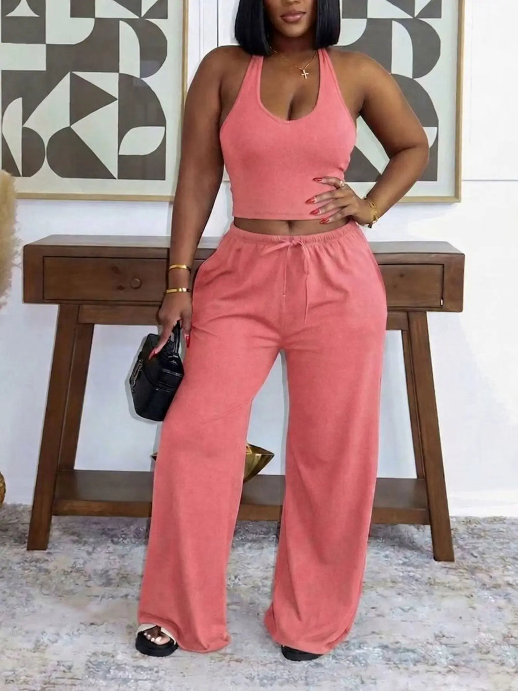 Summer New Women's Halter Neck Slimming Top & Wide-Leg Pants, Casual Backless Waist Cinch Crop Top & Drawstring Waist Pants, Womenswear