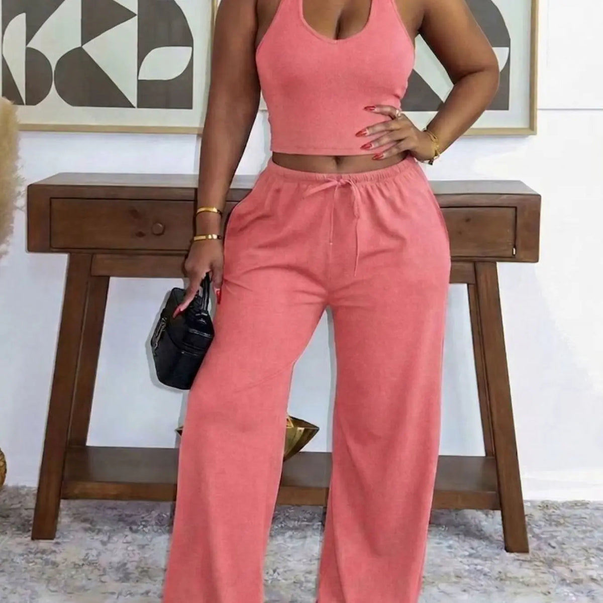 Summer New Women's Halter Neck Slimming Top & Wide-Leg Pants, Casual Backless Waist Cinch Crop Top & Drawstring Waist Pants, Womenswear