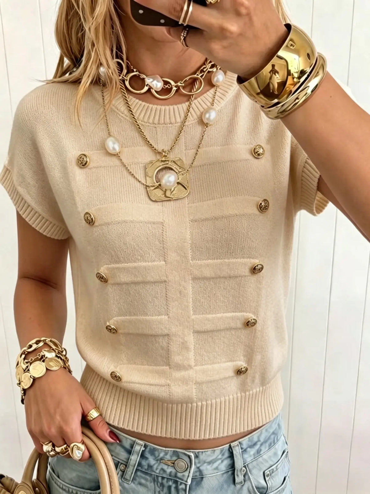 Elegant Loose-Fitting Plain Round Neck Metal Button Short Sleeve Pullover Loose Tops for Daily and Everyday Wear