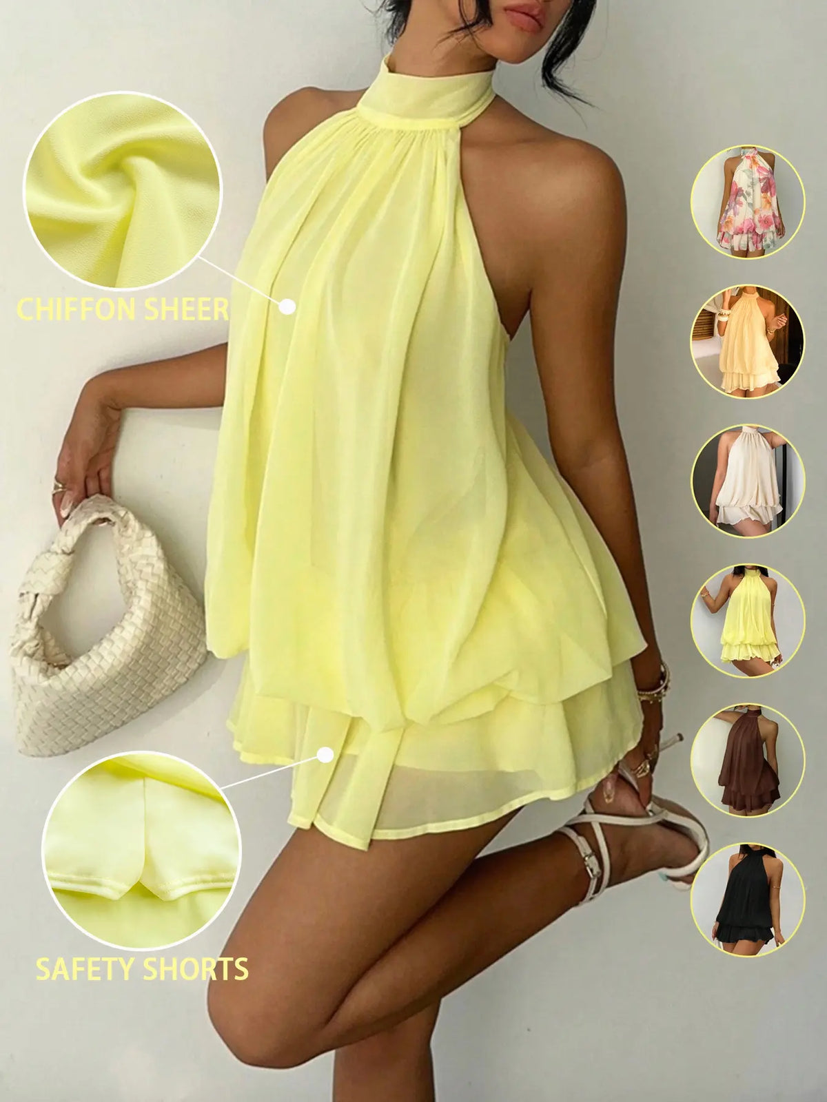 Women's Chiffon Halter Tie Mini Dress, Backless, Women Dating Dress, Women Night Out Dress, Summer Dresses For Women, Honeymoon Outfits Woman, Women Wedding Guest Dress, Island Vacation Outfits, Sun Dresses For Women, Halter Neck, Evening, Formal