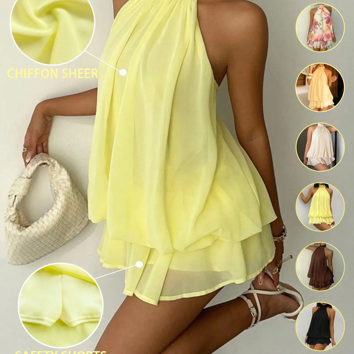 Women's Chiffon Halter Tie Mini Dress, Backless, Women Dating Dress, Women Night Out Dress, Summer Dresses For Women, Honeymoon Outfits Woman, Women Wedding Guest Dress, Island Vacation Outfits, Sun Dresses For Women, Halter Neck, Evening, Formal
