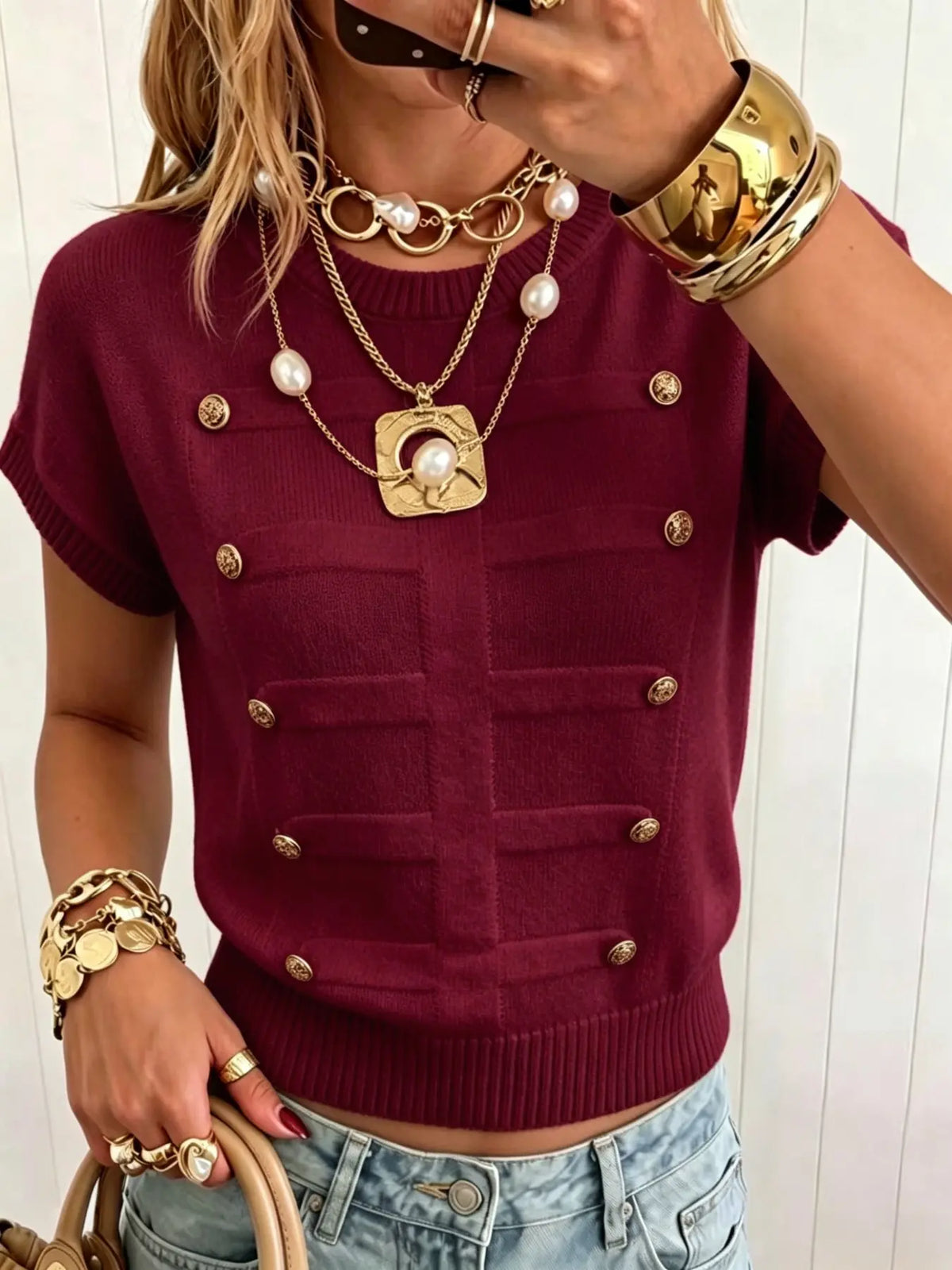 Elegant Loose-Fitting Plain Round Neck Metal Button Short Sleeve Pullover Loose Tops for Daily and Everyday Wear