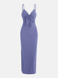 Women's Plain Cut Out Knot Front Split Thigh Bodycon Long Dress, Spaghetti Strap Sleeveless, Summer Clothes Women, Solid Cami Dress, Ladies Casual Summer Evening Party Nightclub Dress