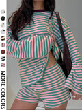 Valentine's Day Women's Casual Striped Long Sleeve Top & Shorts Set, Loose Fit, All Season, Comfortable Travel Clothing for Daily Wear, Two Pieces Outfits