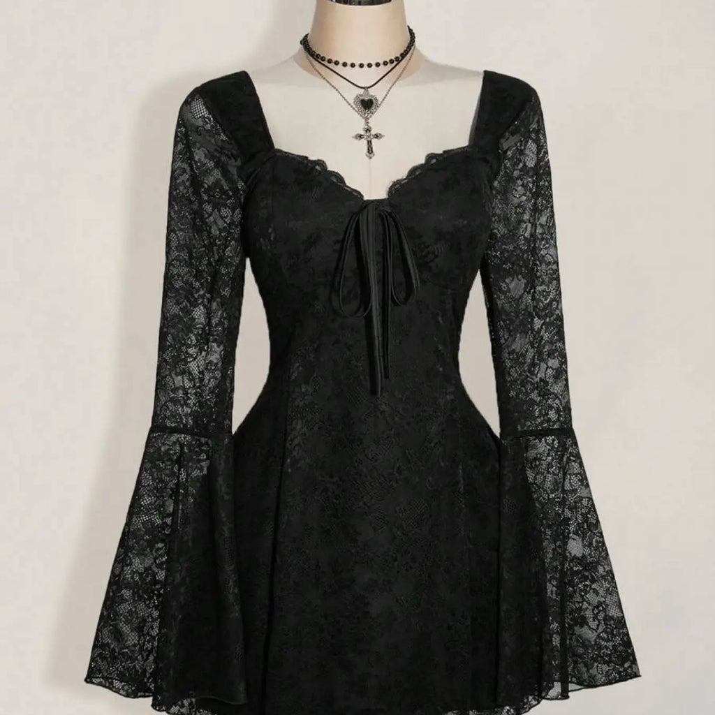 Women's Y2K Punk Lace Long Sleeve Sweetheart Neck Slim Fit Dress, Date Night Dresses, Womenswear, Festival Elegant Formal Style, Fashion Tight-Fitting Bodycon Dress for Summer & Early Fall