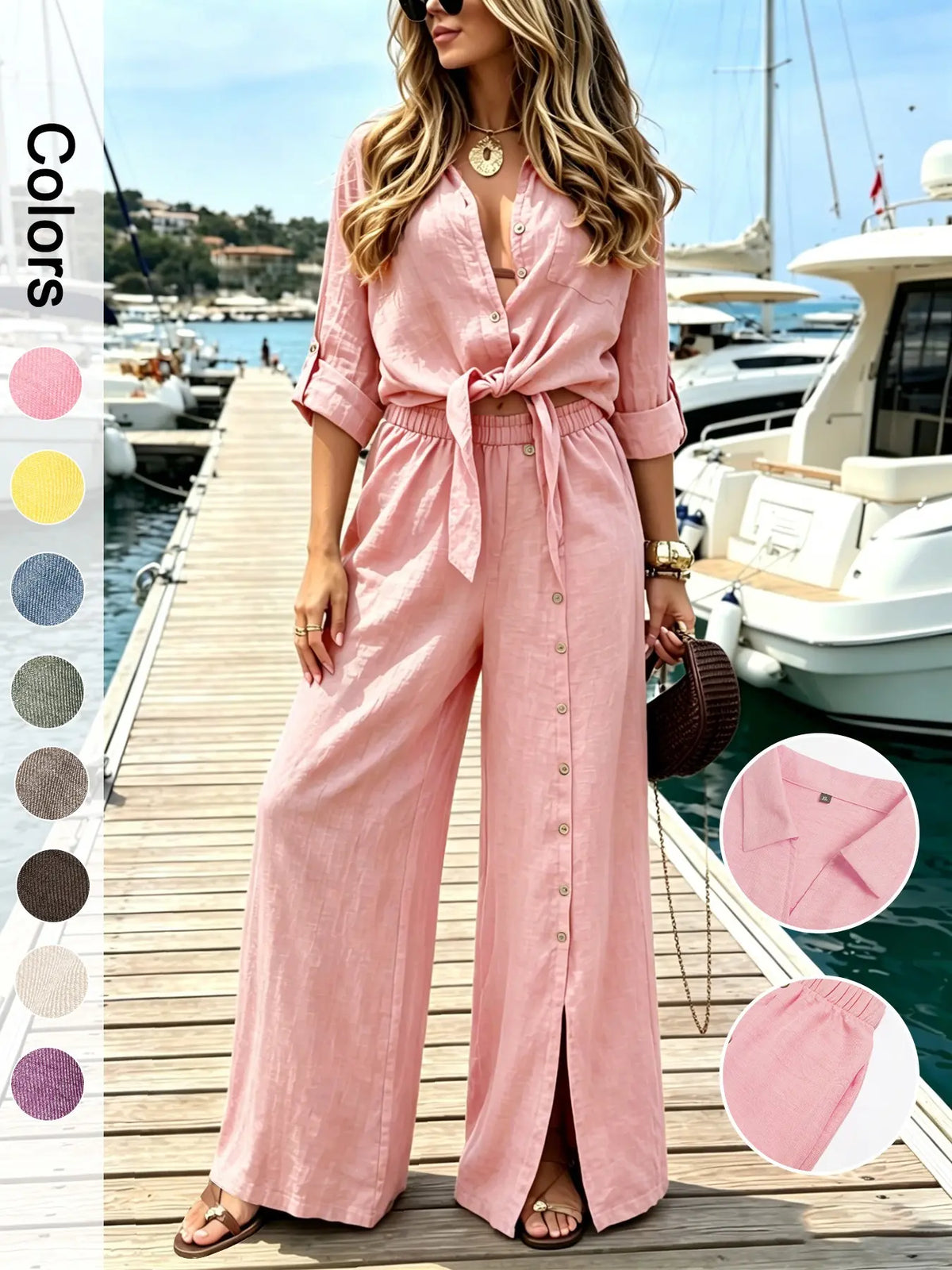 Women's Two-Piece Vacation Style Shirt and Pants Set, Knot Top with Button Decoration, Wide-Leg Pants, Casual Womenswear Clothes