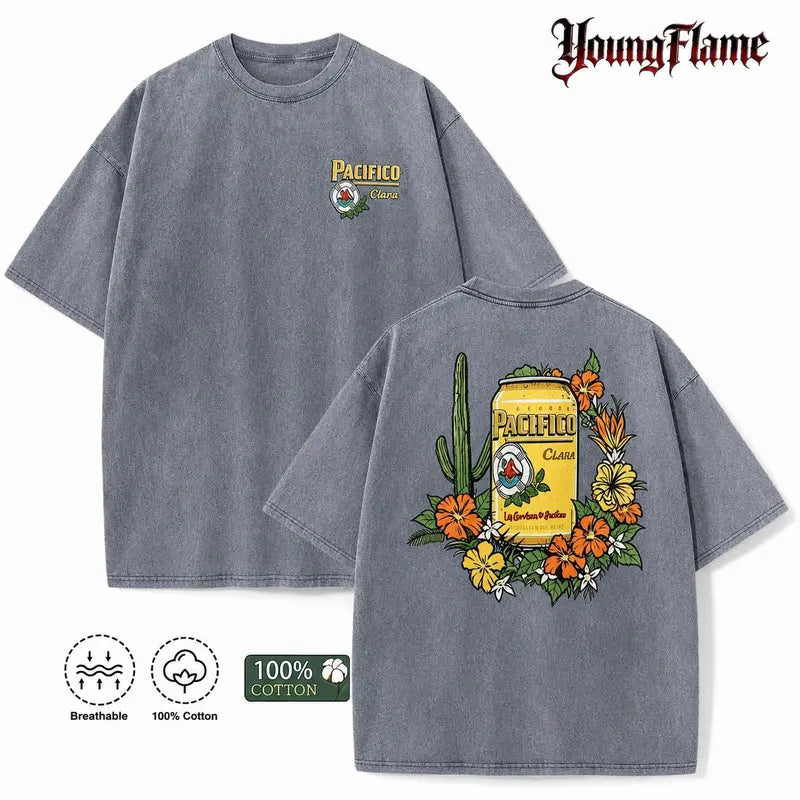 Vintage Acid Wash Tropical Beer Graphic Tee Baja Surfcore Streetwear Y2K Clothing Oversized Summer Top shirts unisex casual streetwear tee trendy short sleeve top loose fit casual shirt cotton t-shirt