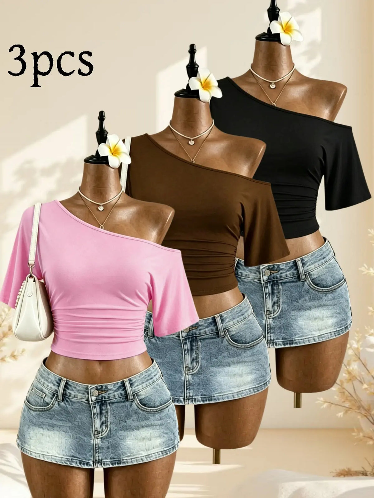 American Vintage Summer Asymmetrical Shoulder Pleated Short Sleeve Top, Polka Dot Solid Color Waist Cinch Slim Fit T-Shirt Set of Three